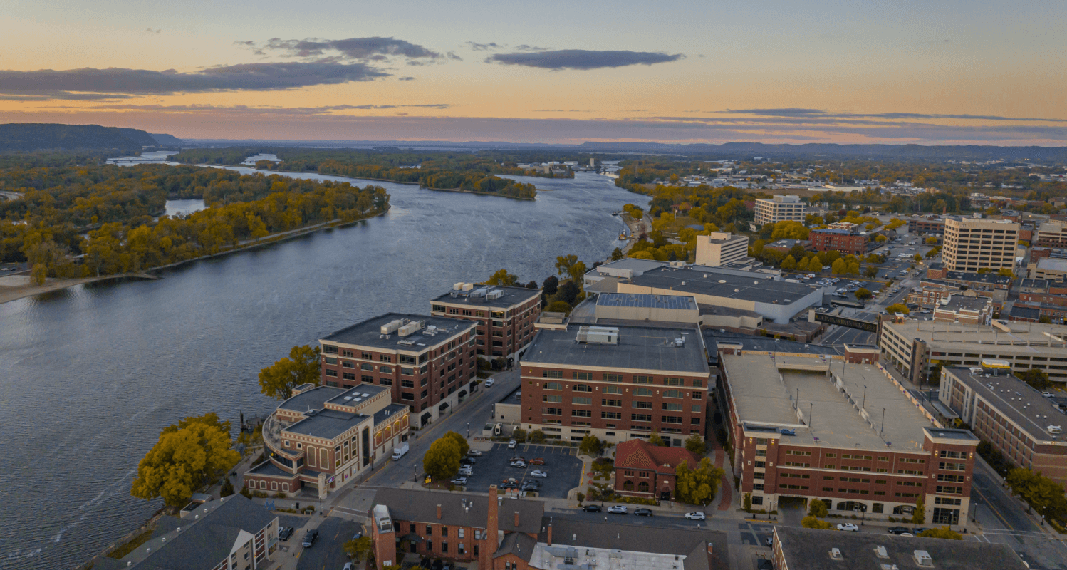 an aerial view of downtown La Crosse with the Mississippi river beside