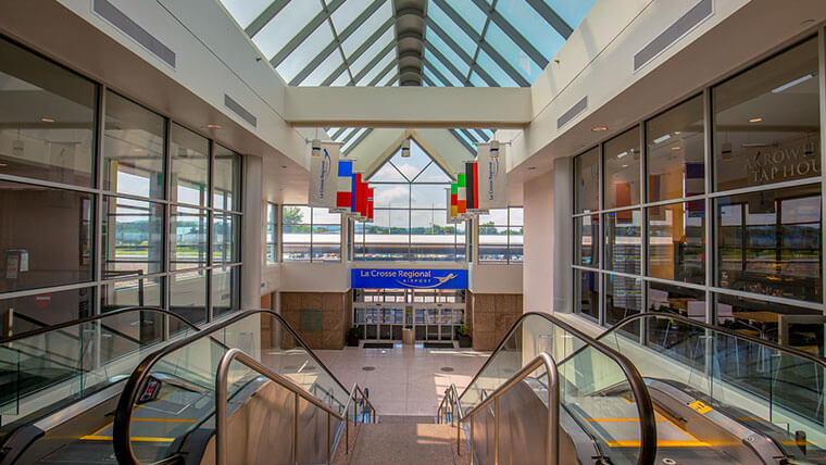 Interior Escalator Facing Lobby Down La Crosse Regional Airport