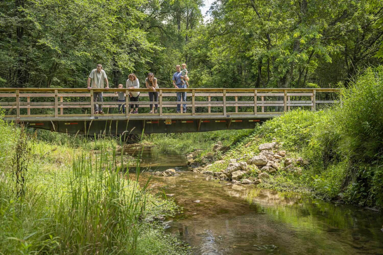 a group of people on a bridge over a stream