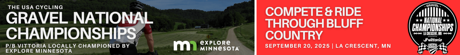 USA Cycling Gravel National Championships 2025 Presented by Vittoria, Locally Championed by Explore Minnesota 3 Gravel Nationals x Explore MN Banner 1