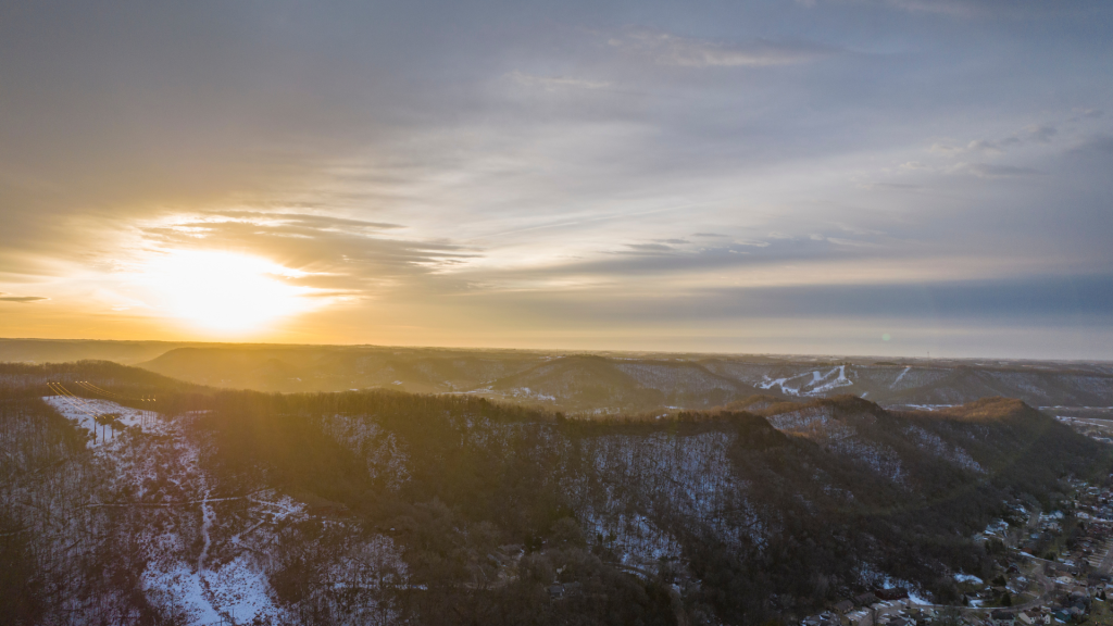 Sunrise over the bluffs in the driftless region in the winter