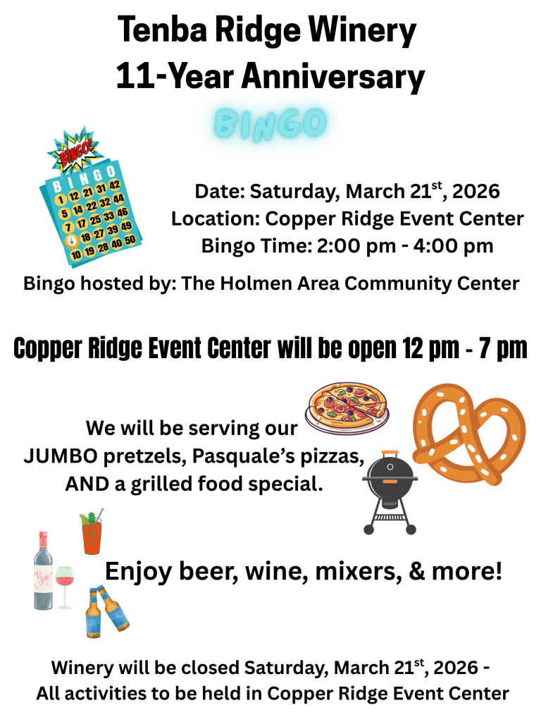 Tenba Ridge Winery 11-Year Anniversary Bingo