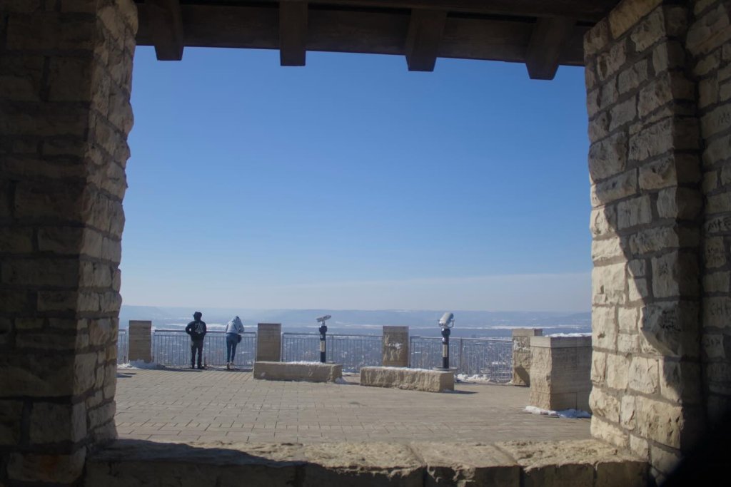 View of Grandad Bluff from inside of the shelter during winter