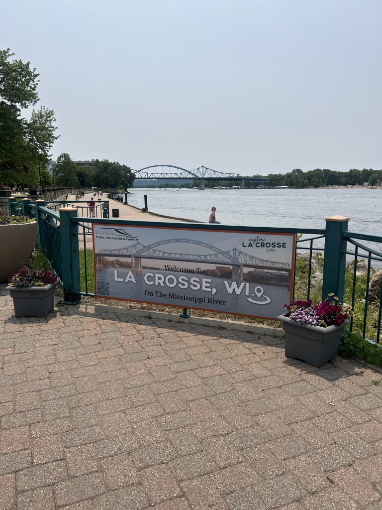 Riverside Park with the La Crosse, WI sign in front of the Mississippi river