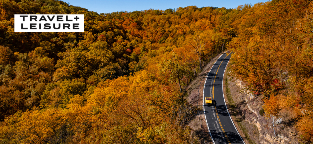Travel & Leisure logo on top of a fall photo on the great river road
