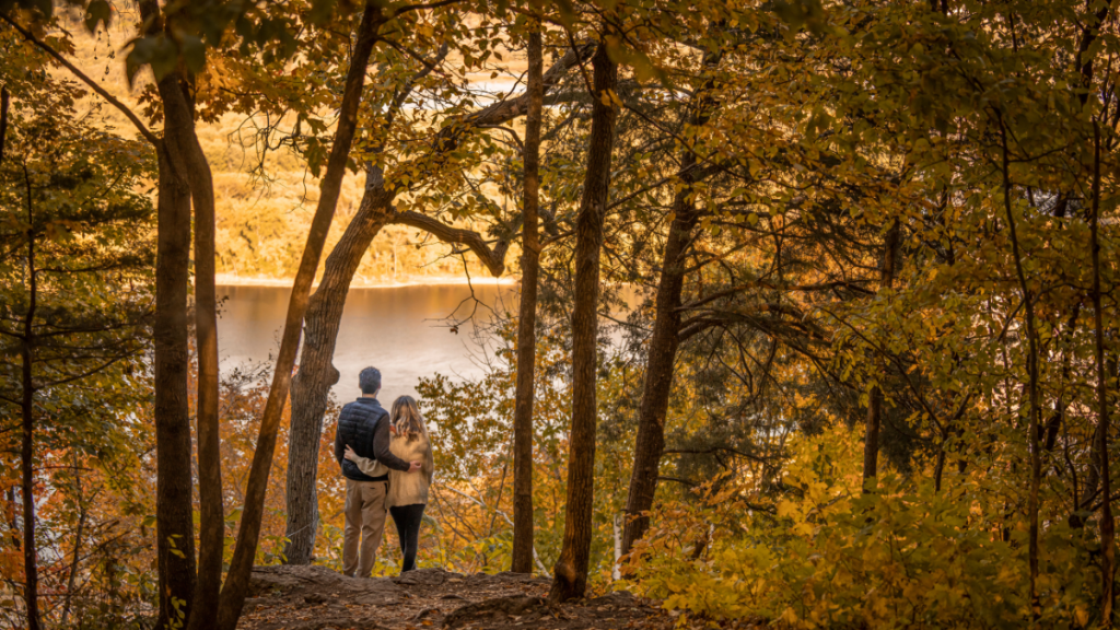 couple looking out at a scenic overlook at apple blossom scenic drive in the fall